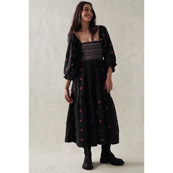 Free People Dresses & Skirts - Free People Dahlia Embroidered Floral Maxi Dress SZ Medium Boho Cottage Prairie